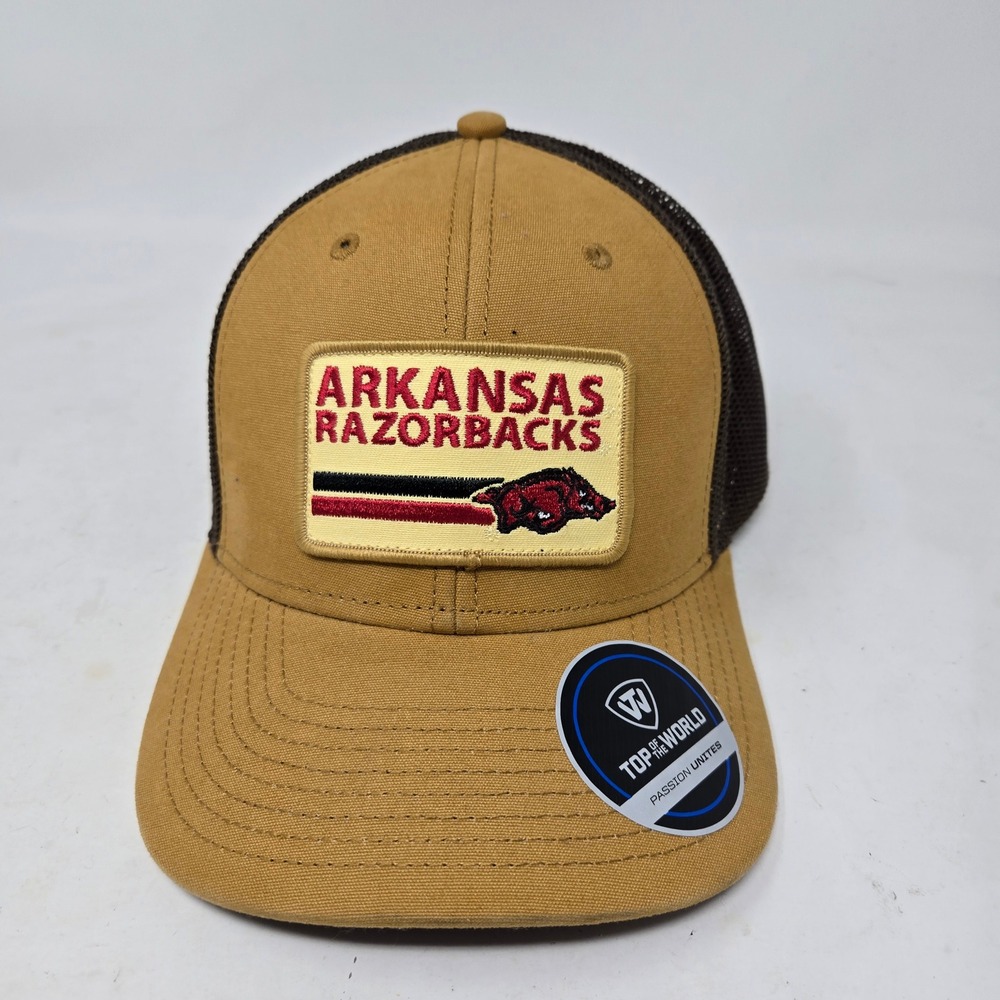 Top of the World Arkansas Razorbacks Trucker Hat Tan Brown Plaid Brim Snapback